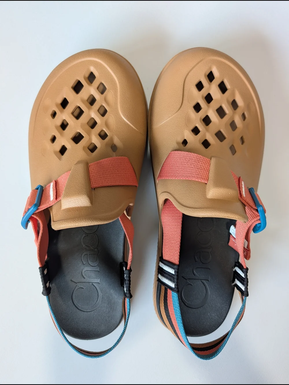 Chaco Chillos Clog Mules Camel Brown Colorblock Teal Pink Strap Mens Size 10